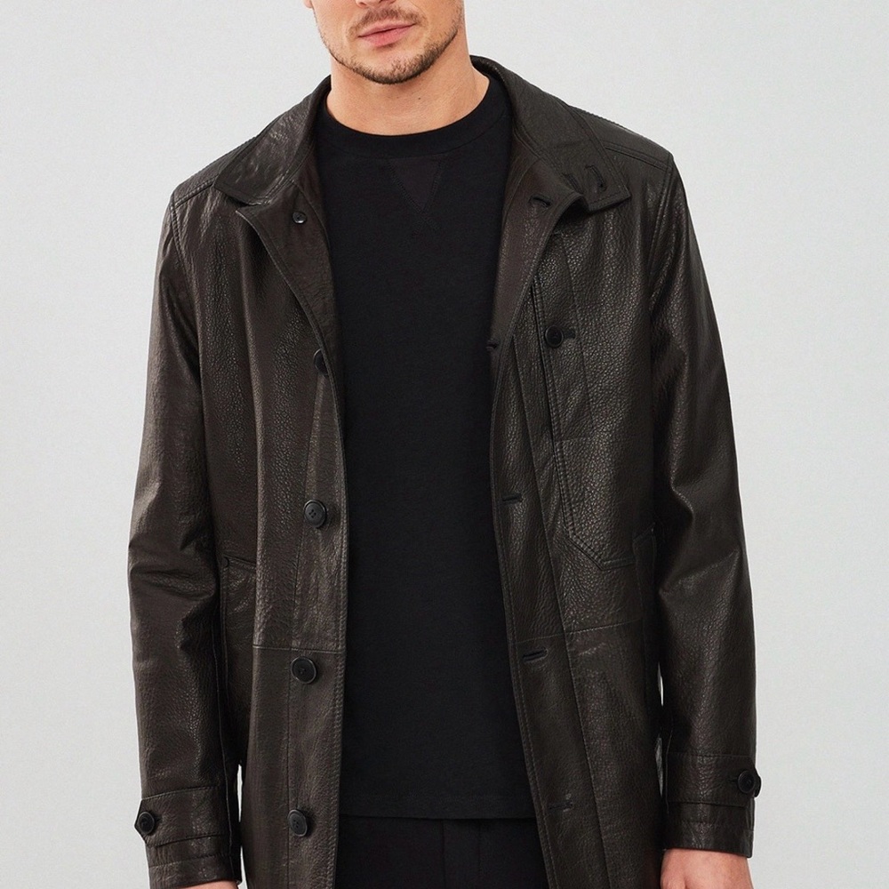 Men's Black Leather Trench Coat - Classic Longline Overcoat